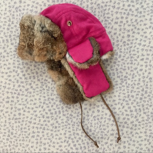 J. Crew Accessories - J.Crew Pink Wool Trapper Hat with Rabbit Fur